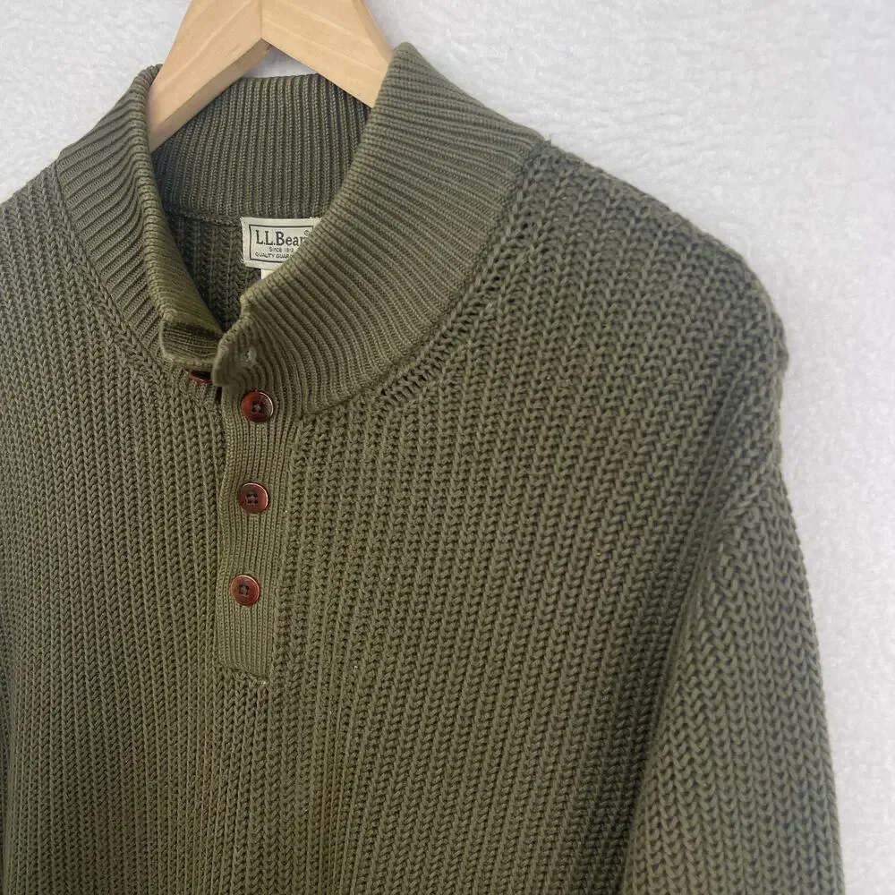 LL BEAN Sweater Mens L Henley Half Button Ribbed Pullover Heavy Cotton Green